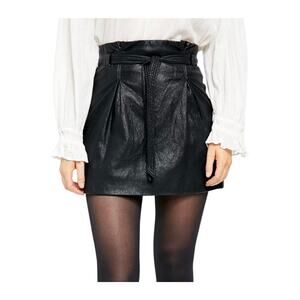 NWT Free People Payton Paperbag Faux Leather Mini Skirt Black Size 2 Belted Boho